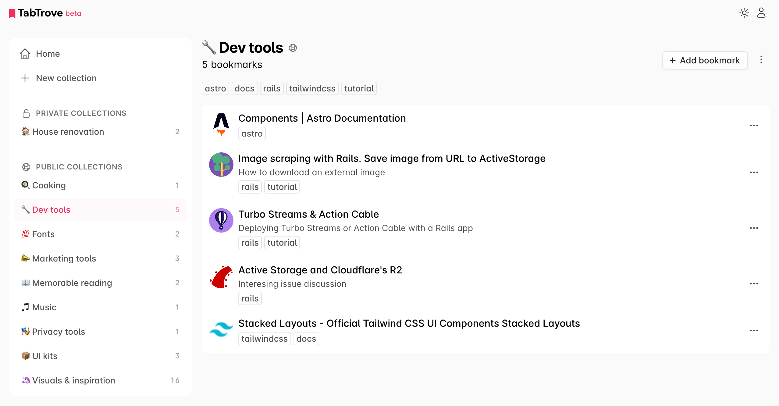 Screenshot of a collection in Tabtrove